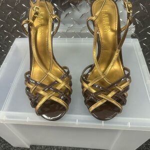 Ralph Lauren, Gold and Brown Strappy wedge